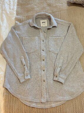 Aerie Waffle Lumberjane Oversized Button Down Shirt/Shacket, Light Grey, XXS
